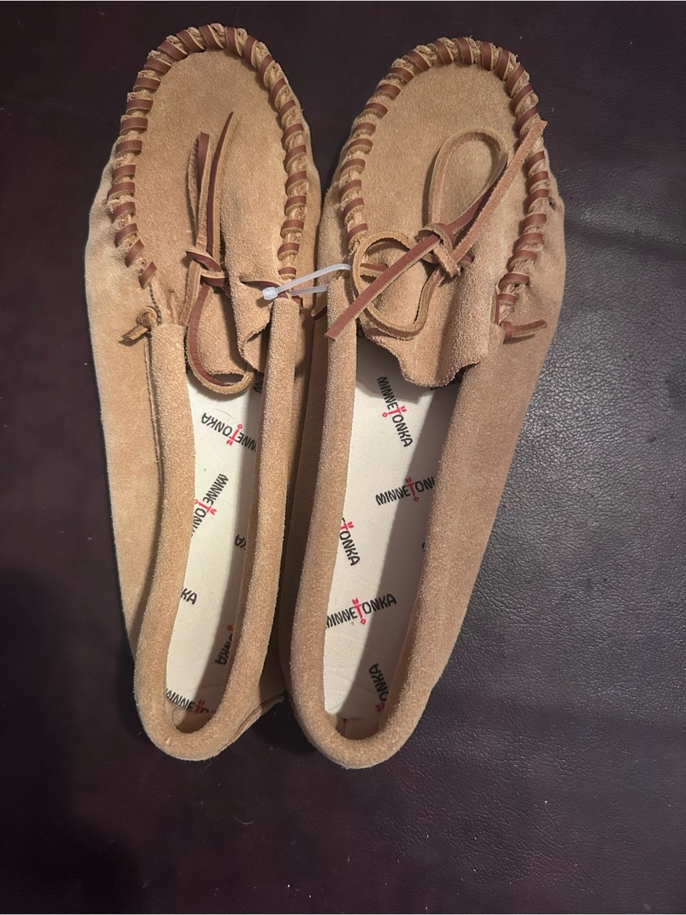 Minnetonka Women's Suede Moccasins in Light Brown with Leather Lacing